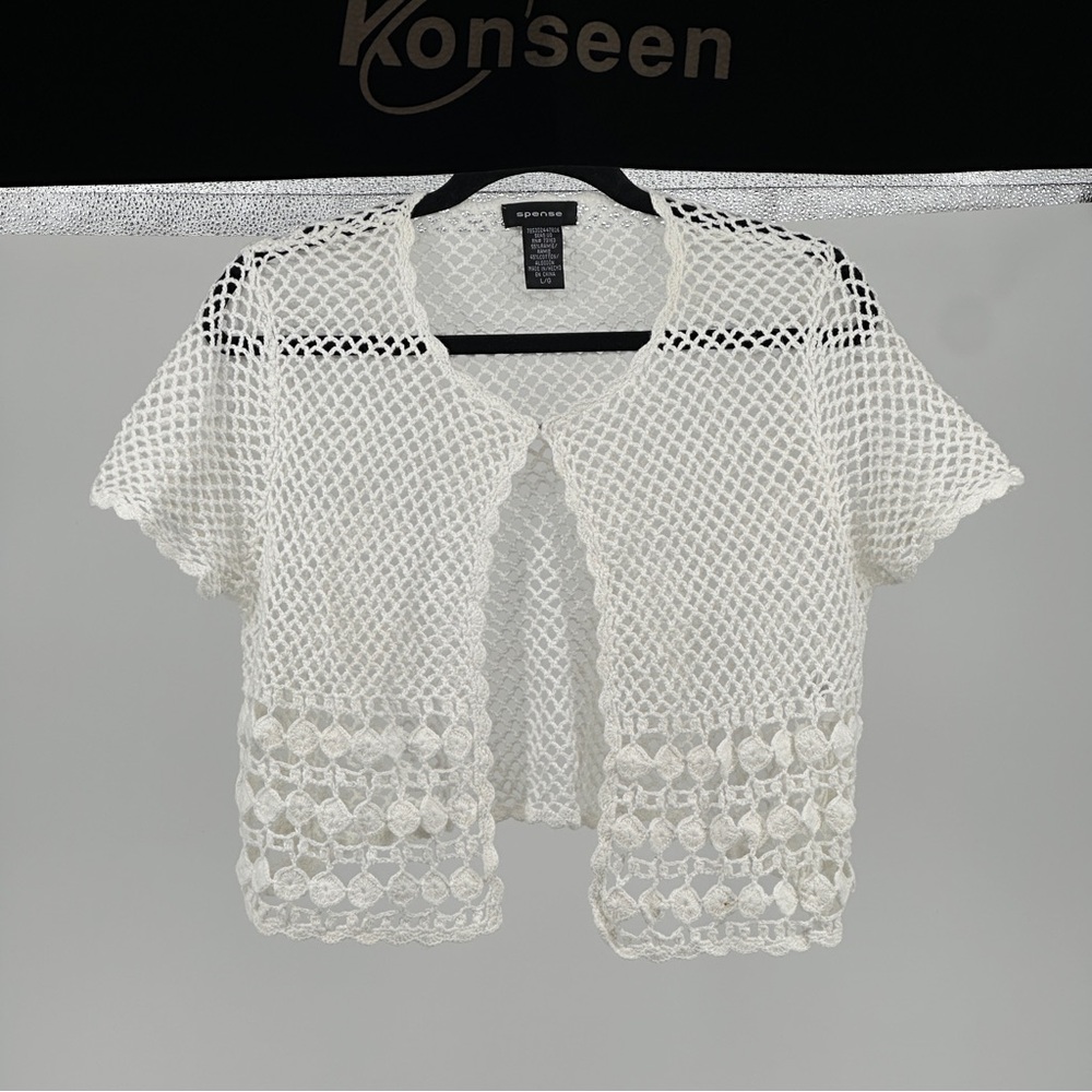 Women’s Large White Crochet Cardigan Shrug Cottagecore‎ Granny Y2K 90’s